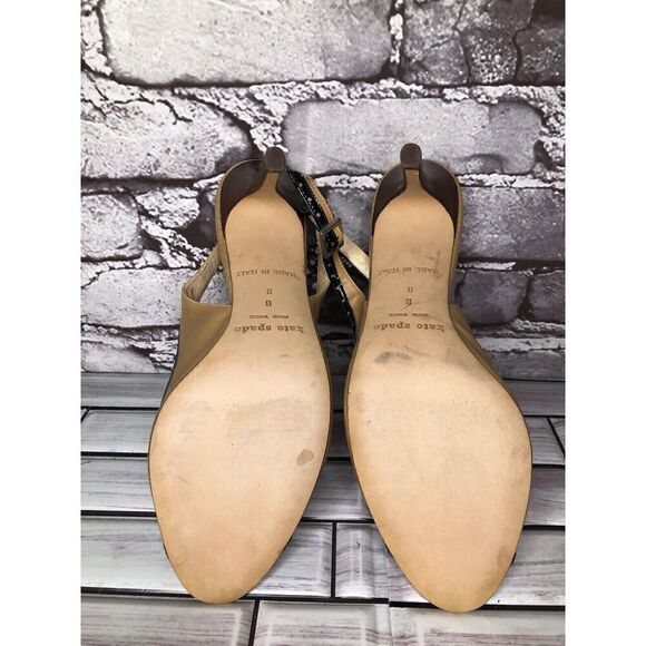 Kate Spade Camel Brown Black Patent Leather  Peep Toe Stiletto Heels Women Sz 8B - Picture 10 of 16